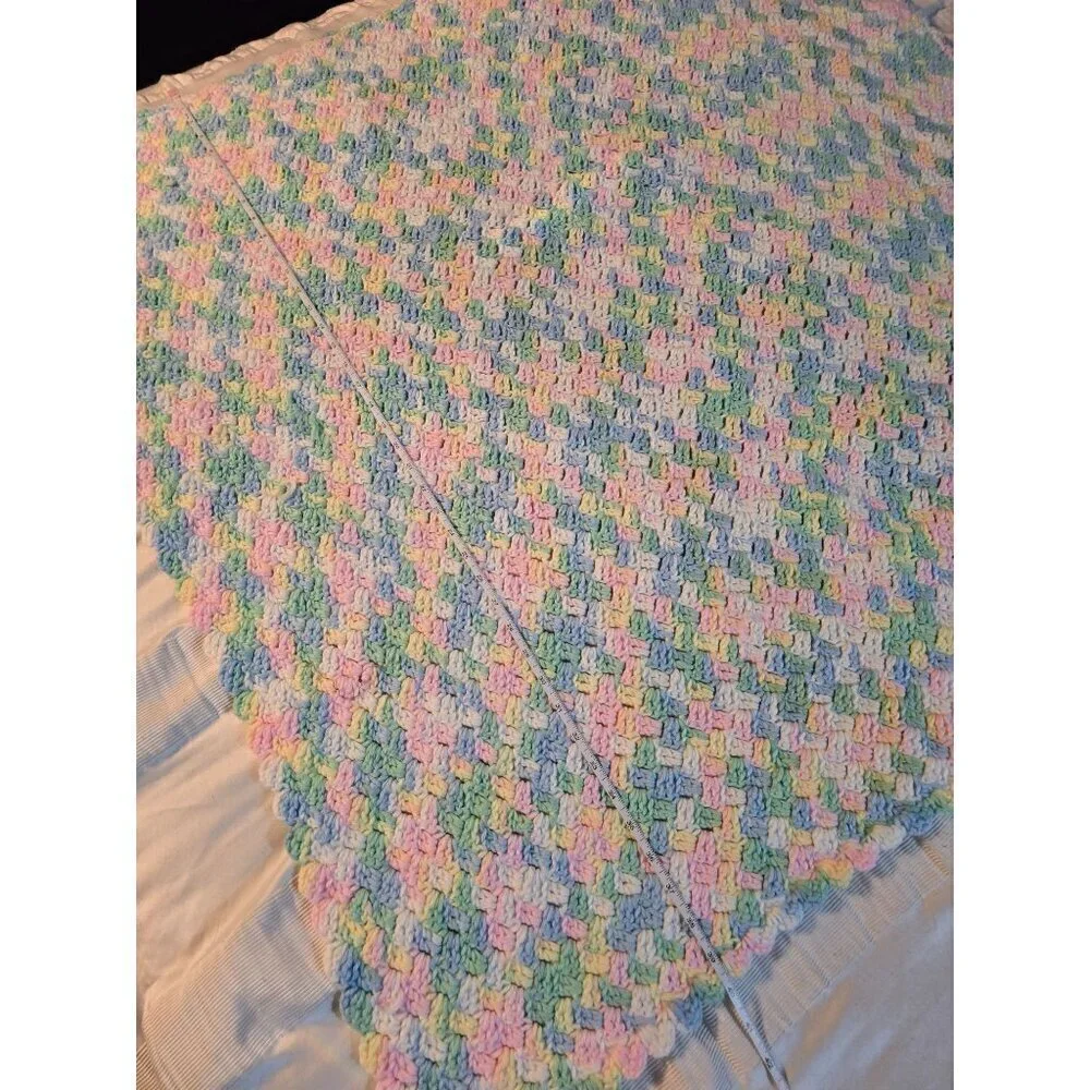 Vintage Handmade Spring Pastel Pink Blue Crochet Throw Blanket